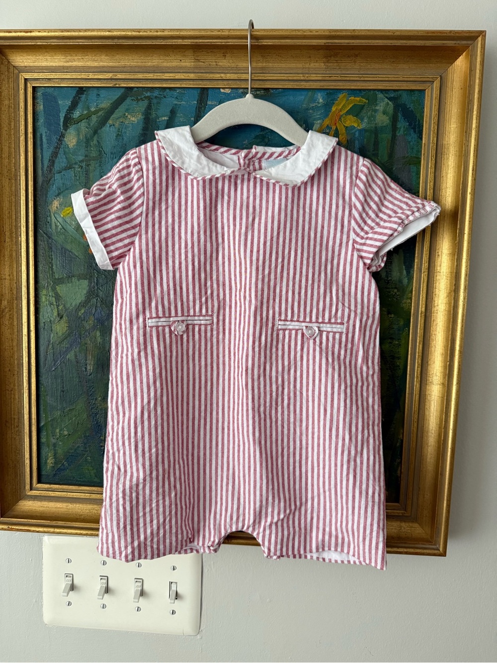 Edgehill Collection Boys Red and White Striped Romper with Peter Pan Collar